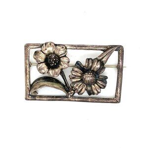 VTG Estate Artisan Sterling Silver Flower Sunflower Box Brooch Pin! 34